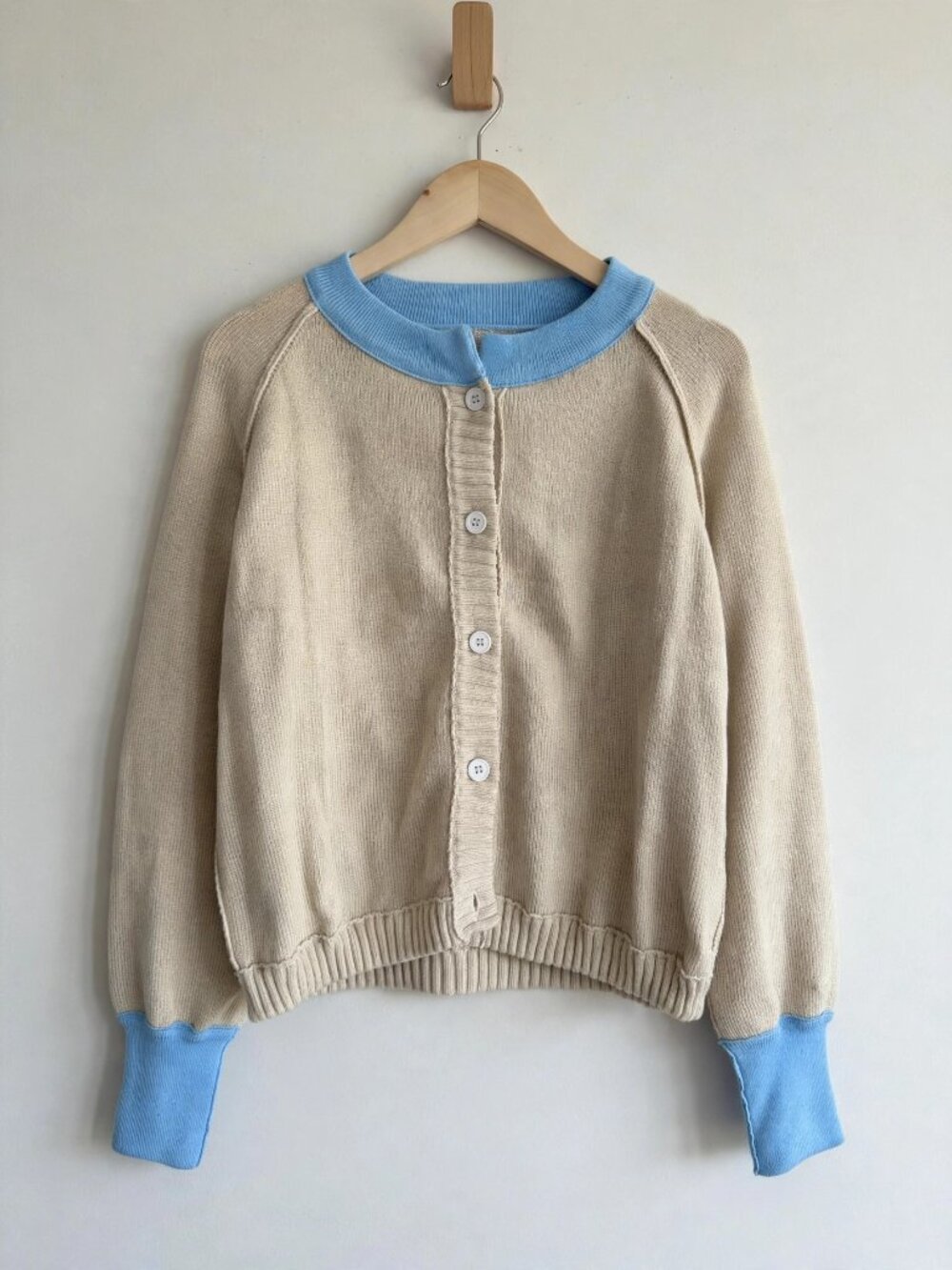 Cream Knit Cardigan Light Blue Trim Button Front Size M